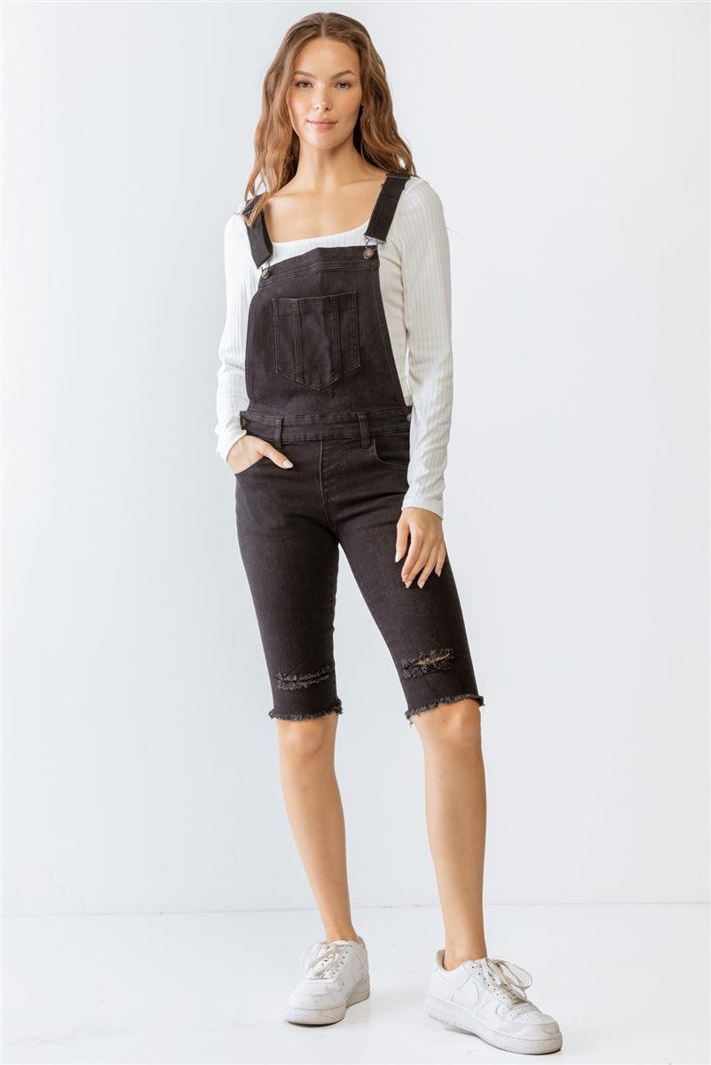 Black Denim Distressed Detail Raw Hem Cropped Bermuda Overall